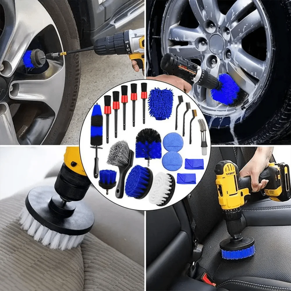 Kit de cepillos para ruedas y neumáticos, Juego de cepillos de perforación para detalles de coche, Juego de cepillos de limpieza y lavado de coches, 20 unidades