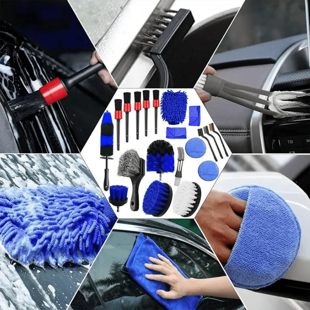 Kit de cepillos para ruedas y neumáticos, Juego de cepillos de perforación para detalles de coche, Juego de cepillos de limpieza y lavado de coches, 20 unidades